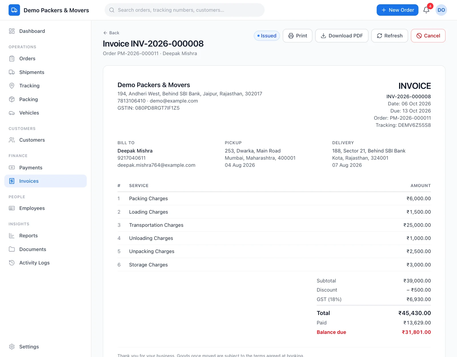 An invoice with charges, GST, amount paid and balance due