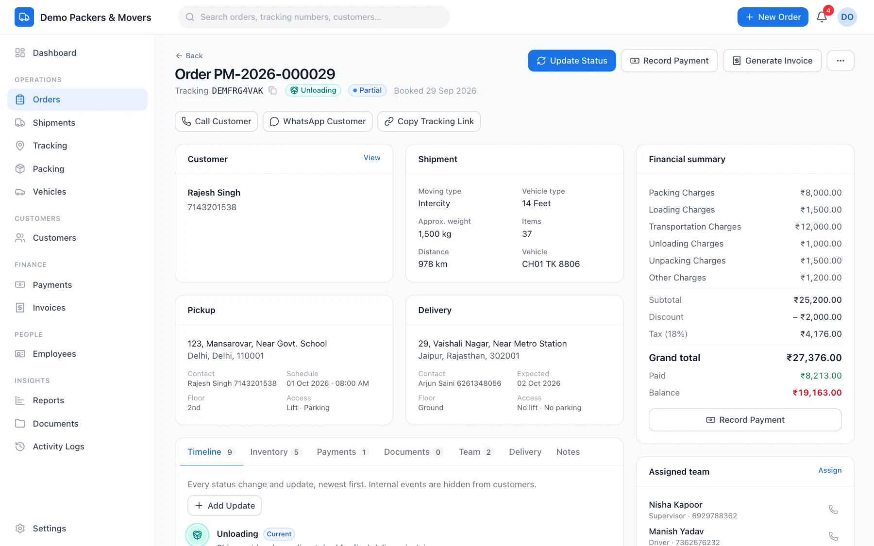 An order page with customer, shipment, pickup, delivery and financial summary