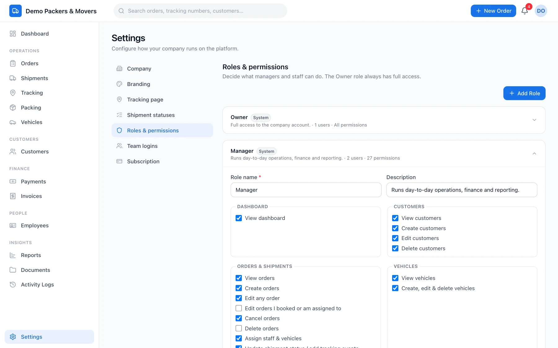 The roles and permissions settings with a permission checklist for the manager role