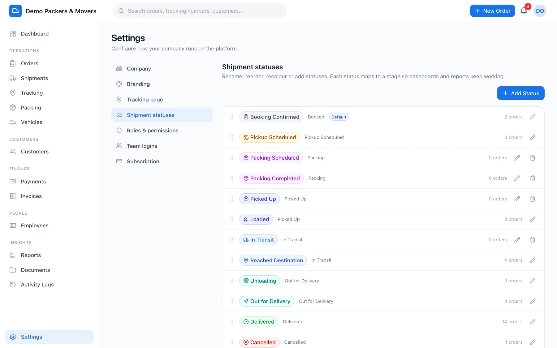 The shipment status settings with coloured statuses that can be reordered
